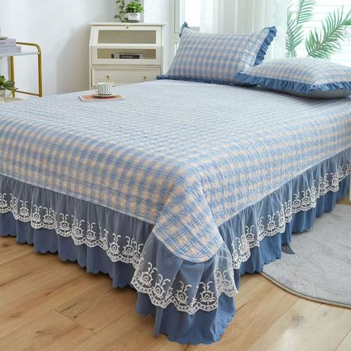 New Style Princess Plaid Bed Skirt Bedding Set, Three-Piece Soft Lace Bed