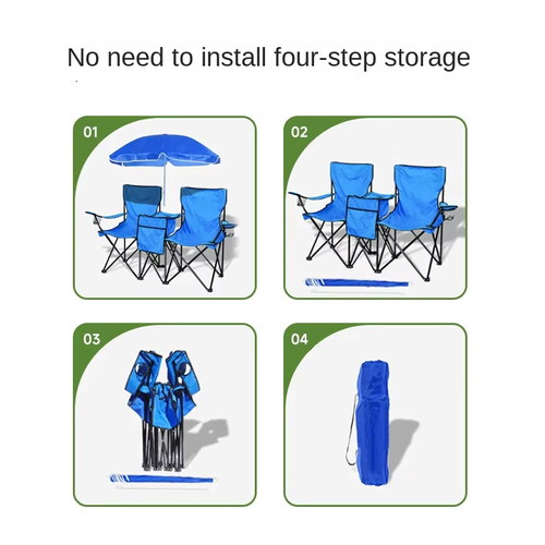 Portable Luxury Double Seat Reclining Folding Beach Camping Chairs Removable Umbrella Thickened Sunshade Stainless Steel Frame