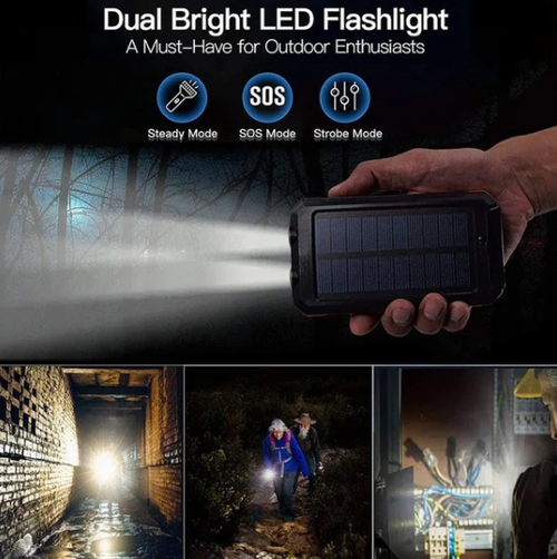 Portable Solar Power Bank, Solar Powered Charger with Dual LED Flashlights, Power Bank for Travel, Camping