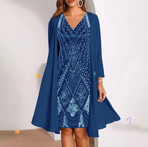 💃 Sheer Long Jacket & V-Neck Dress Set – Flattering Cut & Airy Fabric
