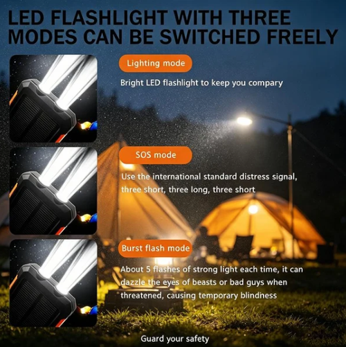 Portable Solar Power Bank, Solar Powered Charger with Dual LED Flashlights, Power Bank for Travel, Camping
