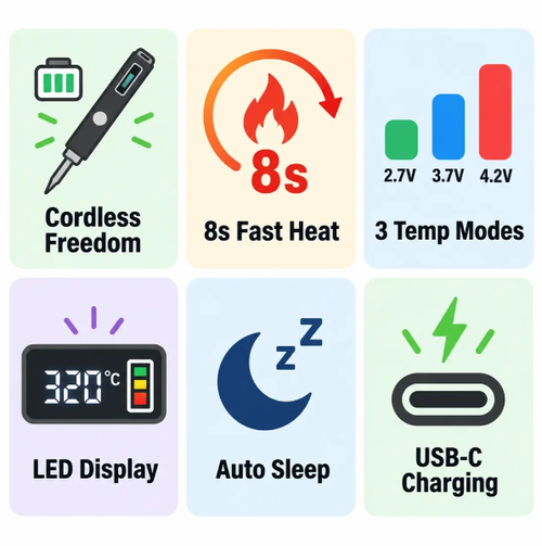 Velloraco cordless soldering pen: 8s heat, 3 modes, USB-C.