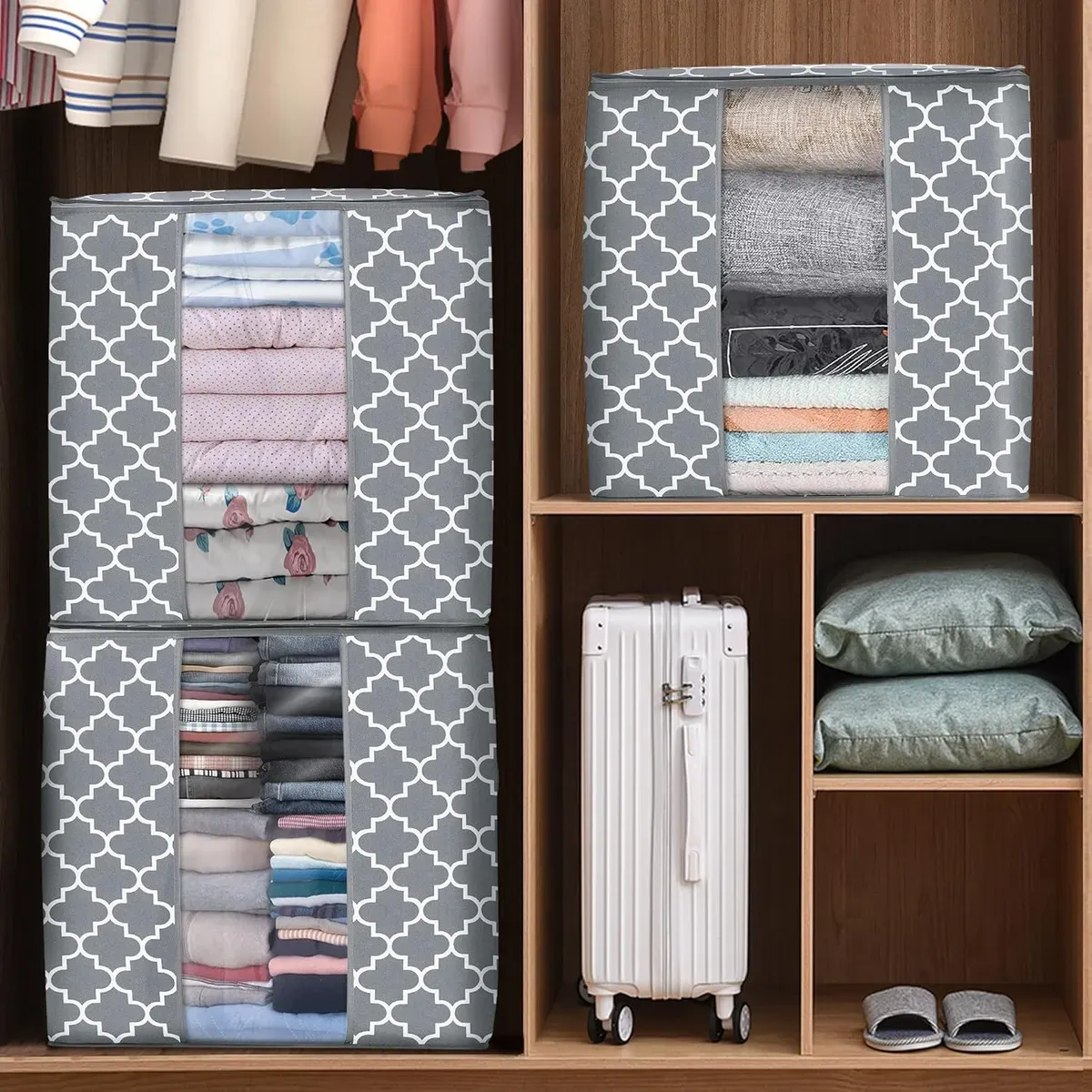 Pack Of 3 Grey Premium Large Blanket Clothes Organization And Storage Containers For