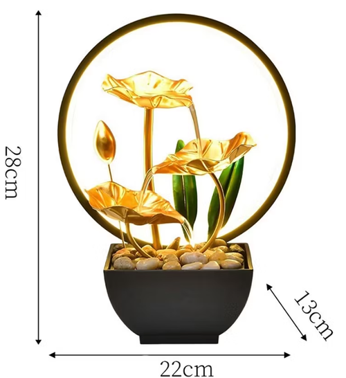 Tabletop Fountain Desktop Small Chinese Zen Flowing Water Ornaments Fortune Lamp Circle Iron Lotus Living Room Office Decoration Desktop Fountains