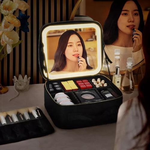 Travel Train Makeup Case with LED Mirror Multifunction Adjustable Brightness Beauty Box Storage Bag for Toiletry Gift Women