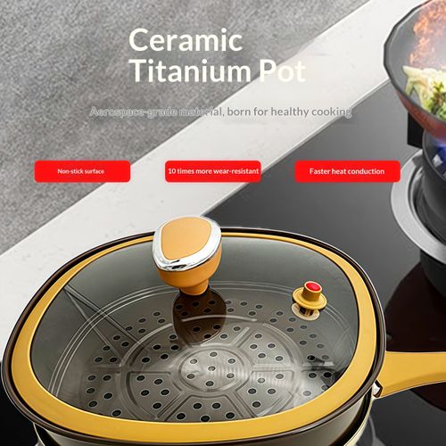 Non Stick Titanium Square Frying Pan with Glass Cover Durable All in One Cookware for Gas and Induction Stoves