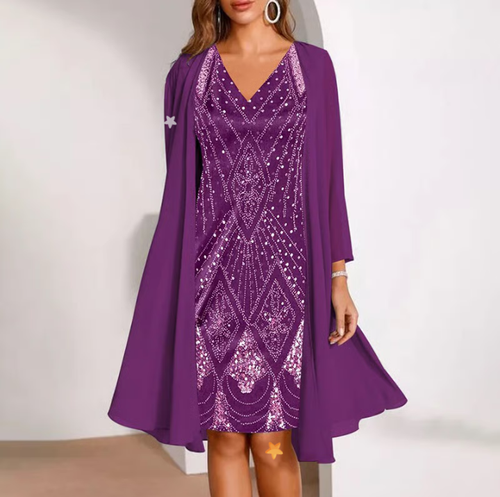 💃 Sheer Long Jacket & V-Neck Dress Set – Flattering Cut & Airy Fabric