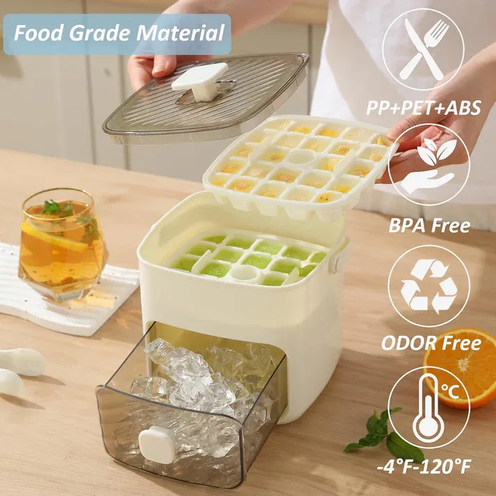 Ice Cube Maker with Storage – 48 cubes at once, leak‑proof lid. Stackable, saves space. Includes ice scoop & tong. A summer essential. 🏖️✅