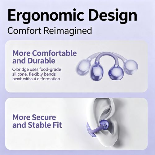 Open-ear Bluetooth earbuds featuring noise-cancellation and long battery life a clip-on style designed for gaming and sports.