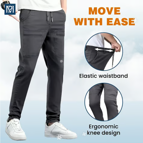 Summer Ice Silk Pants with Six Pockets, Solid Color, Waterproof, High Elasticity, Men's Casual Pants