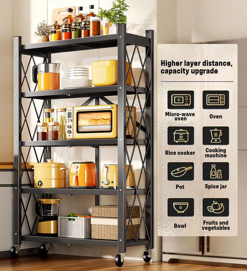 Heavy Duty Foldable Metal Organizer Shelves with Wheels Great for Garage Kitchen