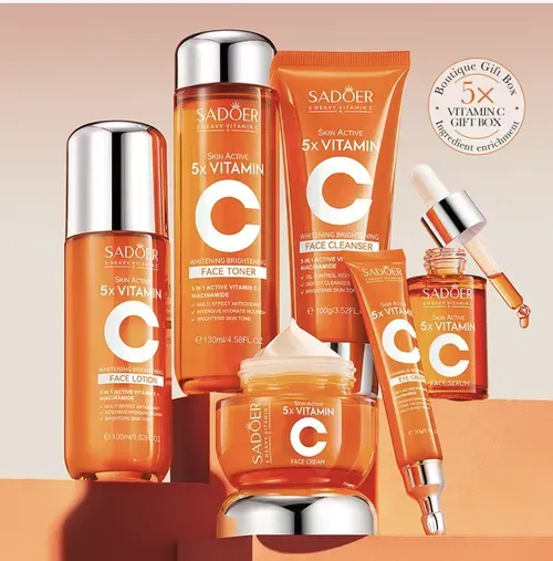 The Five-Dimensional C Brightening Skin Care Set includes six items: facial cleanser, water, essence, lotion, cream, and eye cream
