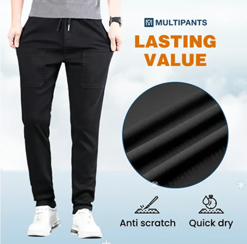 Summer Ice Silk Pants with Six Pockets, Solid Color, Waterproof, High Elasticity, Men's Casual Pants