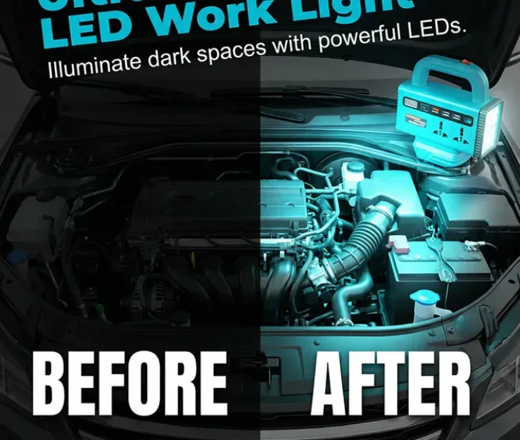 Portable Power Inverter with LED Work Light   Battery capacity: 9000 mAh