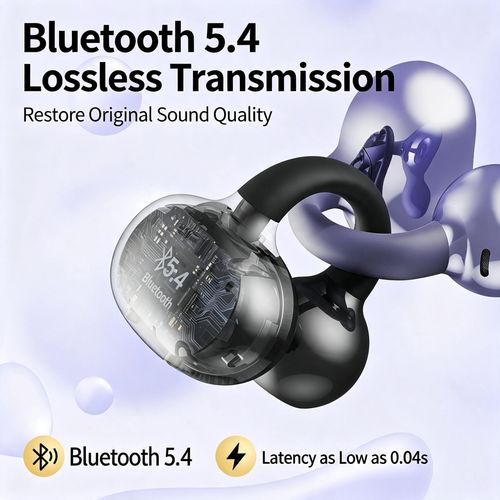 Open-ear Bluetooth earbuds featuring noise-cancellation and long battery life a clip-on style designed for gaming and sports.