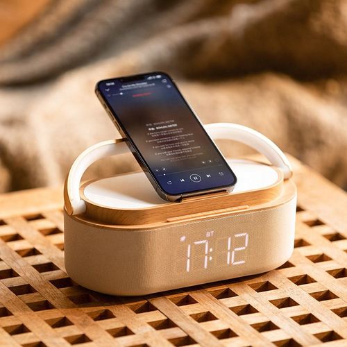 6 in 1 BT Speaker with Digital Alarm Clock FM Radio Adjustable LED Night Light 15W Wireless Charger