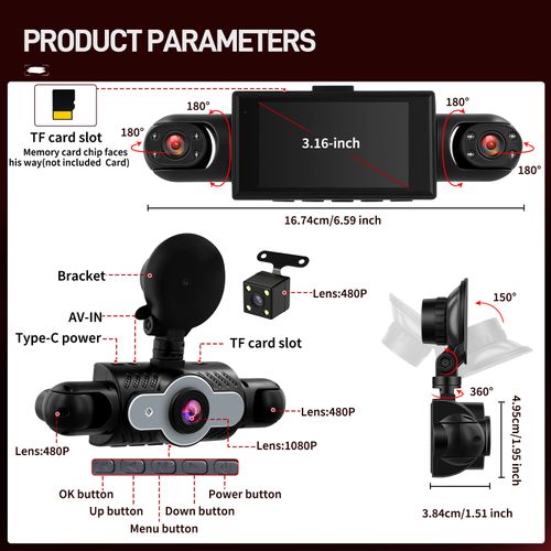 Four-lens monitoring dashcam with 1080P front, left, right, and rear cameras, plus reversing camera.