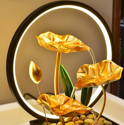 Tabletop Fountain Desktop Small Chinese Zen Flowing Water Ornaments Fortune Lamp Circle Iron Lotus Living Room Office Decoration Desktop Fountains
