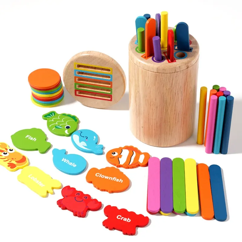 Montessori Wooden Learning Toy Set | Color Sorting Sticks, Number Blocks & Ocean Animal Puzzle for Toddlers