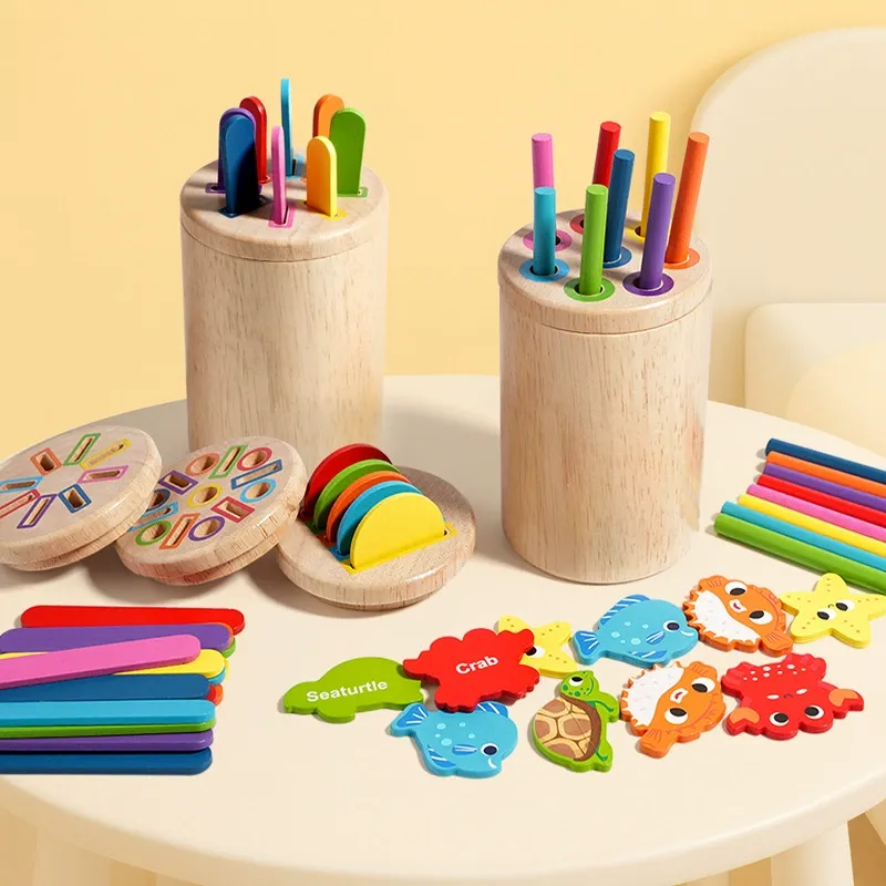 Montessori Wooden Learning Toy Set | Color Sorting Sticks, Number Blocks & Ocean Animal Puzzle for Toddlers