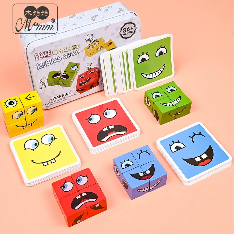 Face Change Rubik's Cube Game with Iron Box - Wooden Expression Matching Puzzle for Kids & Family