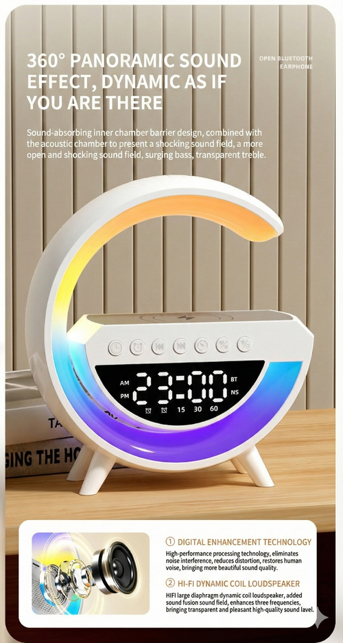 3-in-1 Tech Wireless Charger Speaker:Bedside Ambient Lamp + Digital Display Big G Bluetooth Audio
