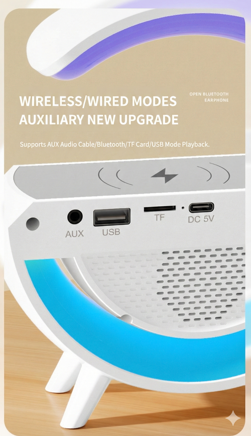 3-in-1 Tech Wireless Charger Speaker:Bedside Ambient Lamp + Digital Display Big G Bluetooth Audio