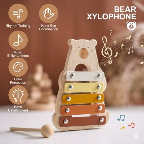 Wooden Bear Xylophone for Toddlers - 5-Note Musical Instrument Toy, Educational Montessori Toy for Kids' Music Learning & Hand-Eye Coordination
