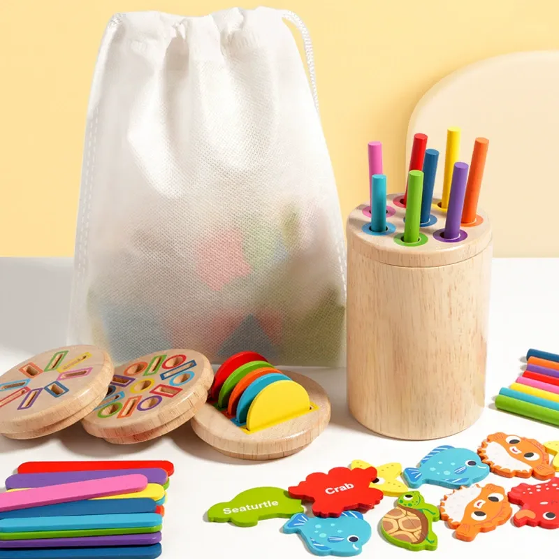 Montessori Wooden Learning Toy Set | Color Sorting Sticks, Number Blocks & Ocean Animal Puzzle for Toddlers