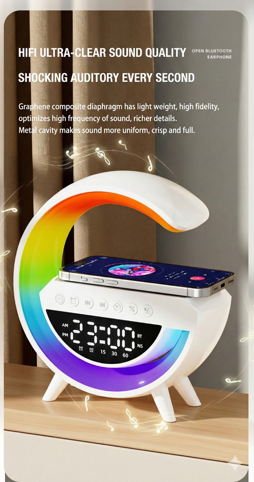 3-in-1 Tech Wireless Charger Speaker:Bedside Ambient Lamp + Digital Display Big G Bluetooth Audio