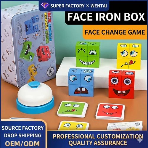 Face Change Rubik's Cube Game with Iron Box - Wooden Expression Matching Puzzle for Kids & Family