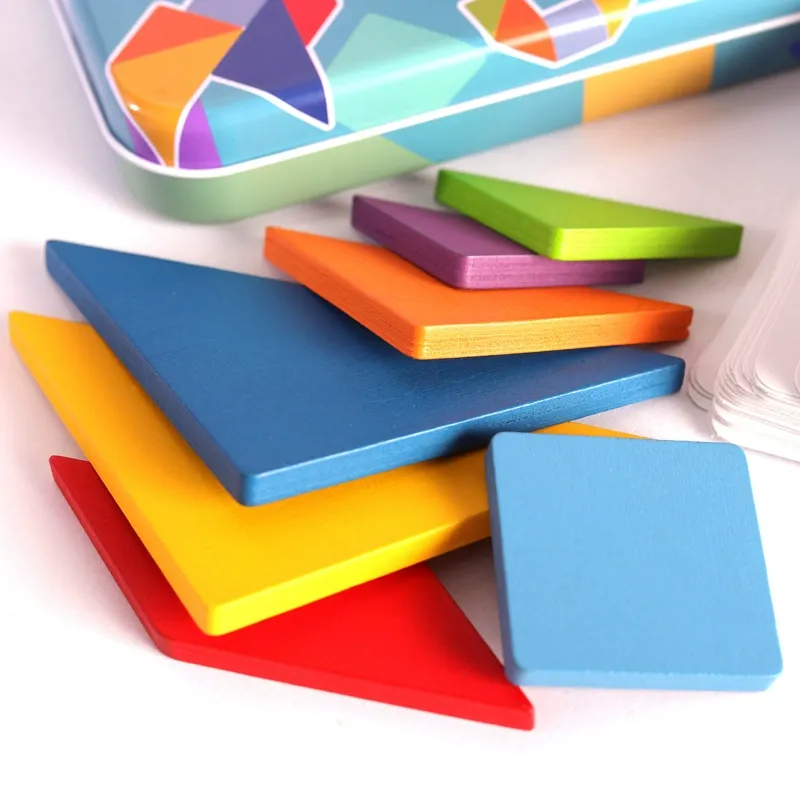 Wooden Tangram Puzzle Set with Storage Tin & Challenge Cards - 7-Piece Colorful Shape Puzzle for Kids, Educational Montessori Toy