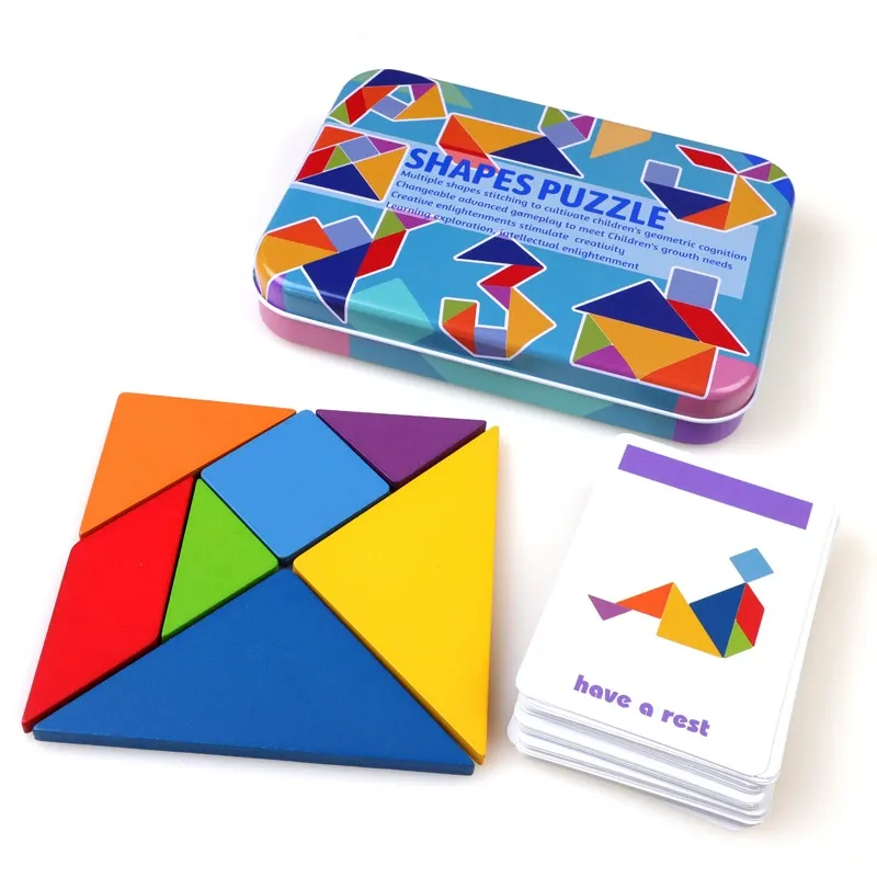Wooden Tangram Puzzle Set with Storage Tin & Challenge Cards - 7-Piece Colorful Shape Puzzle for Kids, Educational Montessori Toy