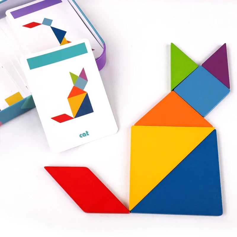 Wooden Tangram Puzzle Set with Storage Tin & Challenge Cards - 7-Piece Colorful Shape Puzzle for Kids, Educational Montessori Toy