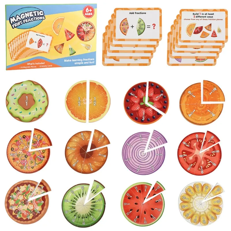 Magnetic Fraction Learning Set for Kids - Fruit & Food Themed Fraction Puzzles with Activity Cards, Educational Math Toy for Ages 6+