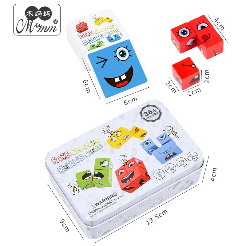 Face Change Rubik's Cube Game with Iron Box - Wooden Expression Matching Puzzle for Kids & Family