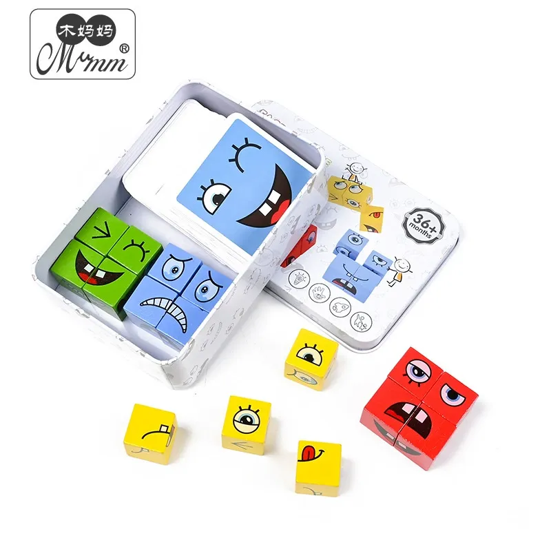 Face Change Rubik's Cube Game with Iron Box - Wooden Expression Matching Puzzle for Kids & Family