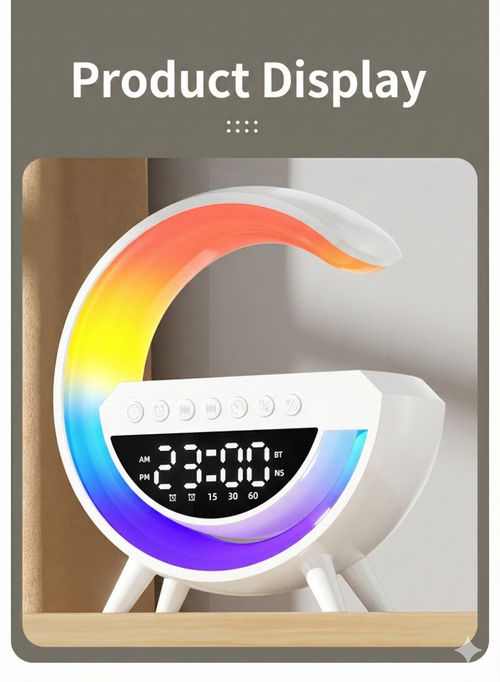 3-in-1 Tech Wireless Charger Speaker:Bedside Ambient Lamp + Digital Display Big G Bluetooth Audio
