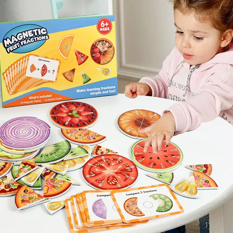 Magnetic Fraction Learning Set for Kids - Fruit & Food Themed Fraction Puzzles with Activity Cards, Educational Math Toy for Ages 6+