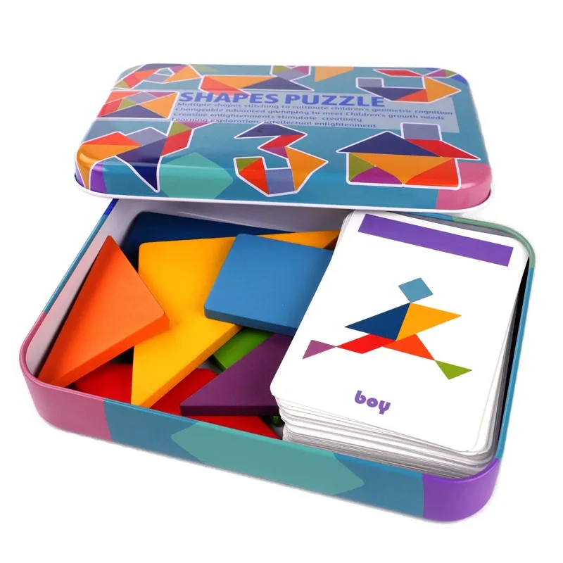 Wooden Tangram Puzzle Set with Storage Tin & Challenge Cards - 7-Piece Colorful Shape Puzzle for Kids, Educational Montessori Toy