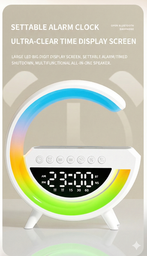 3-in-1 Tech Wireless Charger Speaker:Bedside Ambient Lamp + Digital Display Big G Bluetooth Audio