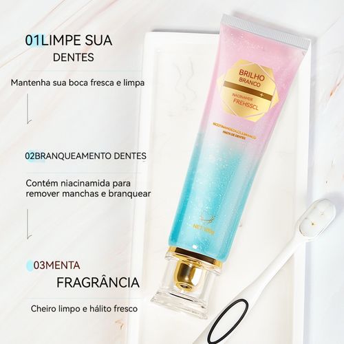 Pasta de dentes brancante com nicotinamida para família, homens e mulheres. Remove amarelo, refresca o hálito, branca os dentes e protege as gengivas
