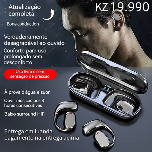 Novo fone de ouvido Bluetooth de dois canais para uso em negócios e esportes, com design para encaixar nas orelhas, longa duração da bateria e modelo exclusivo, compatível com diversos dispositivos.