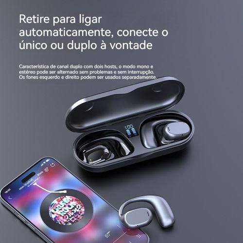Novo fone de ouvido Bluetooth de dois canais para uso em negócios e esportes, com design para encaixar nas orelhas, longa duração da bateria e modelo exclusivo, compatível com diversos dispositivos.
