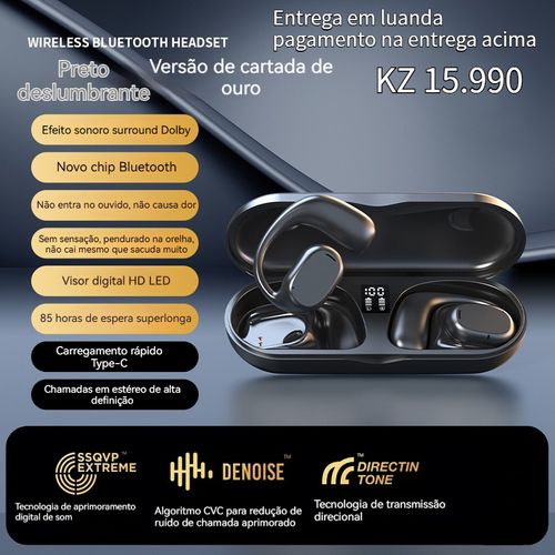 Novo fone de ouvido Bluetooth de dois canais para uso em negócios e esportes, com design para encaixar nas orelhas, longa duração da bateria e modelo exclusivo, compatível com diversos dispositivos.