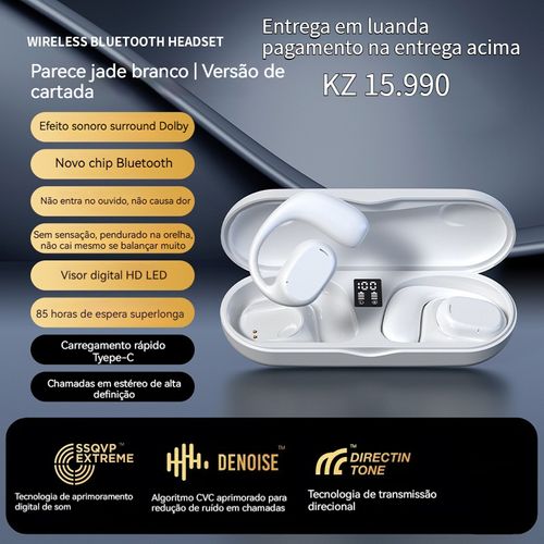 Novo fone de ouvido Bluetooth de dois canais para uso em negócios e esportes, com design para encaixar nas orelhas, longa duração da bateria e modelo exclusivo, compatível com diversos dispositivos.