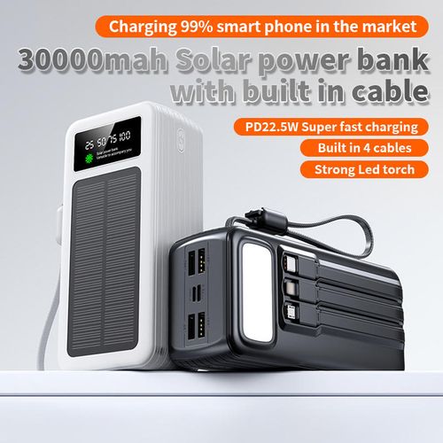 Wide Voltage Solar-Powered High-Capacity Power Bank Portable High-Capacity Power Bank PD 22.5W 30000mAh Digital Display Solar Power Bank with Flashlight and Built-in 4 Data Cables