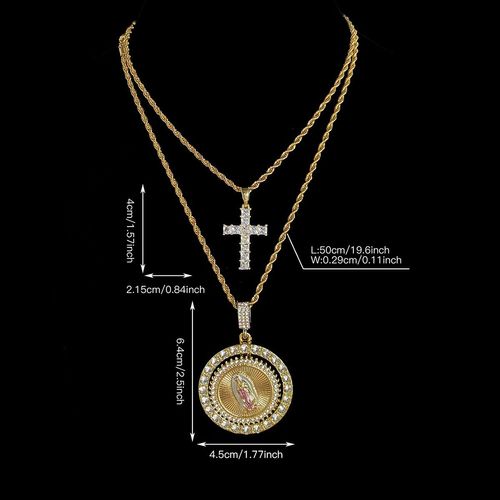 ✨Virgin Mary Pendant Rope Chain & Cross Pendant Necklace, Rhinestone Decor Layered Necklace, Fashion Jewelry Accessories for Women & Men, Cross Necklaces