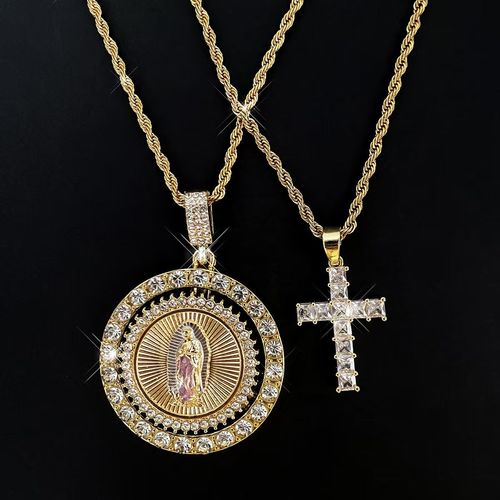 Virgin Mary Pendant Rope Chain & Cross Pendant Necklace