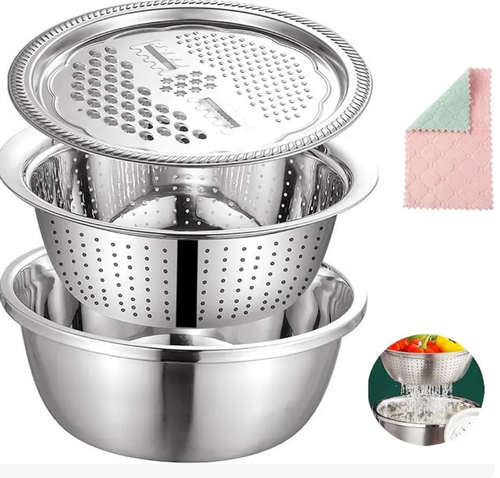 3 Pieces&Stainless Steel Multi-Functional Bowl Set Multifunctional 3-in-1 Stainless Steel Kitchen Bowl Set – Colander, Strainer, Grater